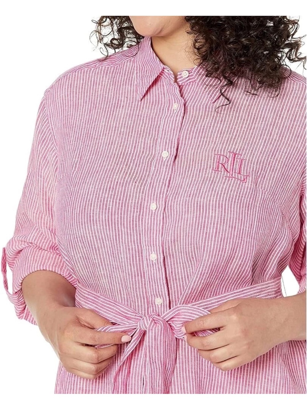Lauren Ralph Lauren Black Label Linen Striped Button Tie Shirt Roll Tab Sleeves - Picture 2 of 13